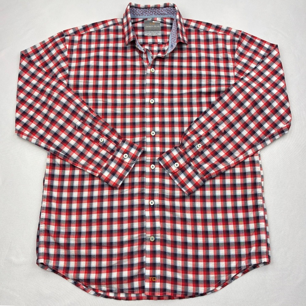 Thomas Dean Shirt Boys 14 16 Large Red Navy Plaid Long Sleeve Button Down Cotton